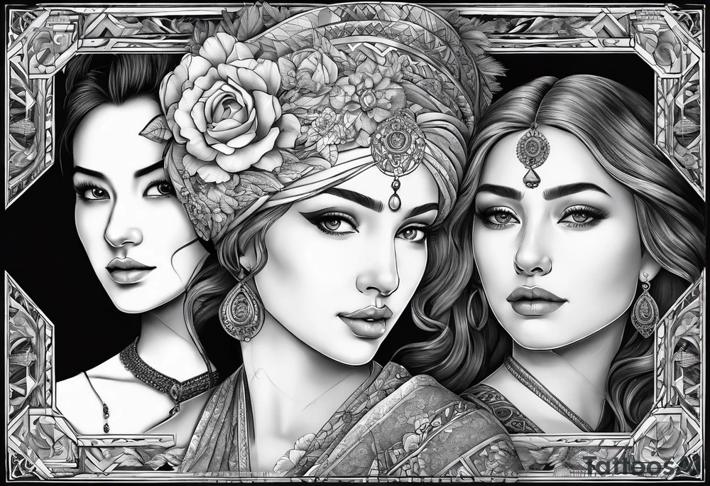 three person side by side. a really young Daughter on the left, mother in the middle, really old grandmother on the right. greater age difference, in an artfully decorated frame tattoo idea