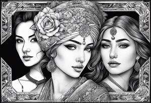 three person side by side. a really young Daughter on the left, mother in the middle, really old grandmother on the right. greater age difference, in an artfully decorated frame tattoo idea