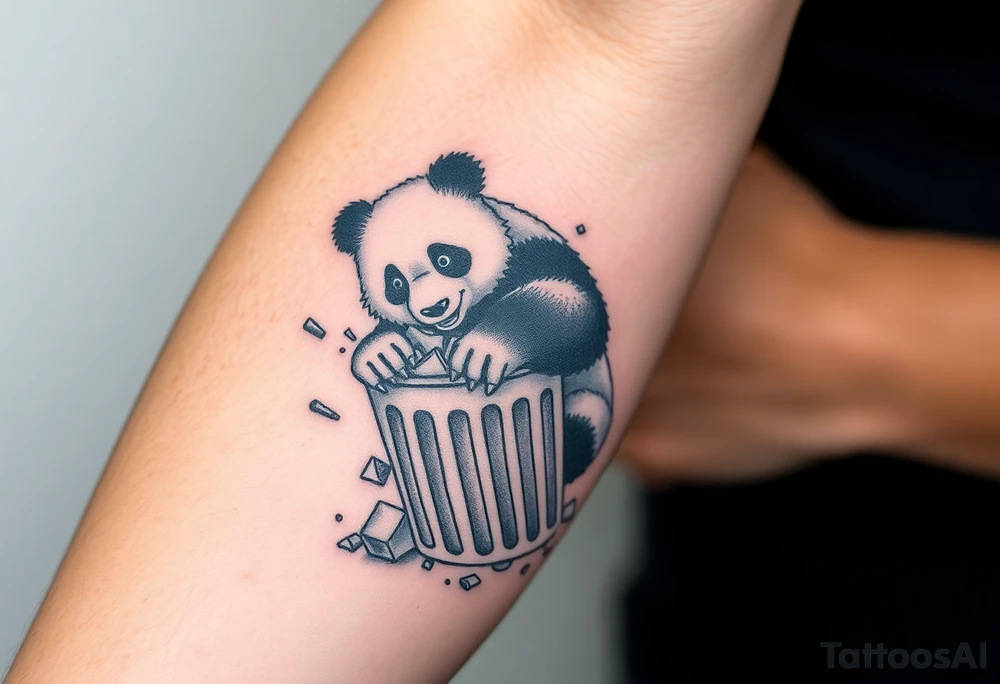 Panda ripping through a trash can, surrounded by rubbish tattoo idea