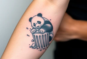 Panda ripping through a trash can, surrounded by rubbish tattoo idea