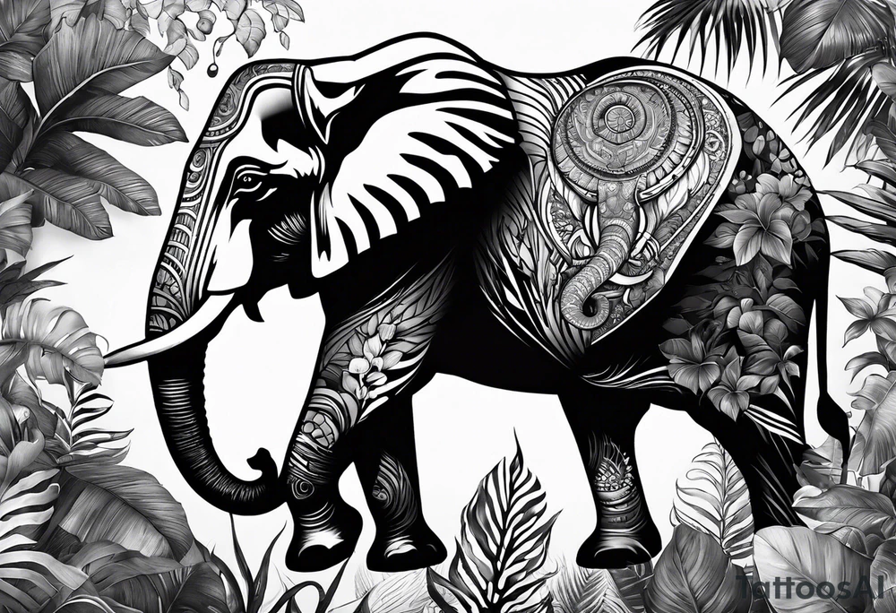 “A majestic elephant with its trunk raised, surrounded by tropical foliage, symbolizing memory and strength tattoo idea