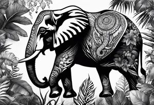 “A majestic elephant with its trunk raised, surrounded by tropical foliage, symbolizing memory and strength tattoo idea