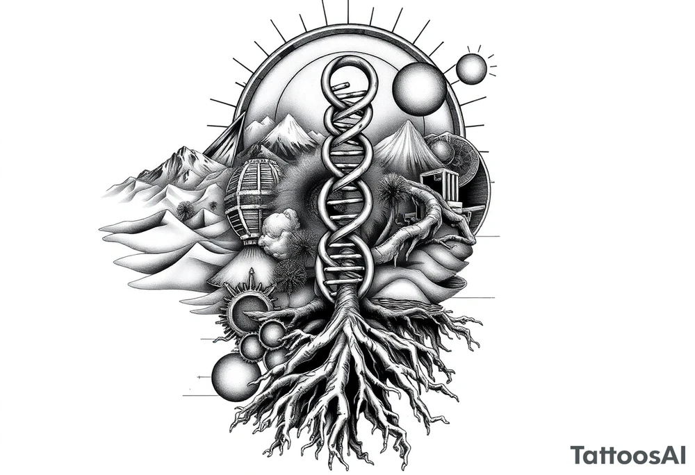Full sleeve tattoo design for a left arm, vertical composition. A surreal blend of Southern California landscapes including desert dunes, snow-capped mountains, and ocean waves. The landscapes are integrated into a 3D geometric and biomechanical framework with gears, droid-like metallic components, and Matrix-style digital rain. In the center, a double helix DNA strand transitions into tree roots. Style: Alex Grey visionary art meets TOOL aesthetic. High contrast black and grey with subtle glowing amber highlights. Hyper-realistic, 8k, white background tattoo idea
