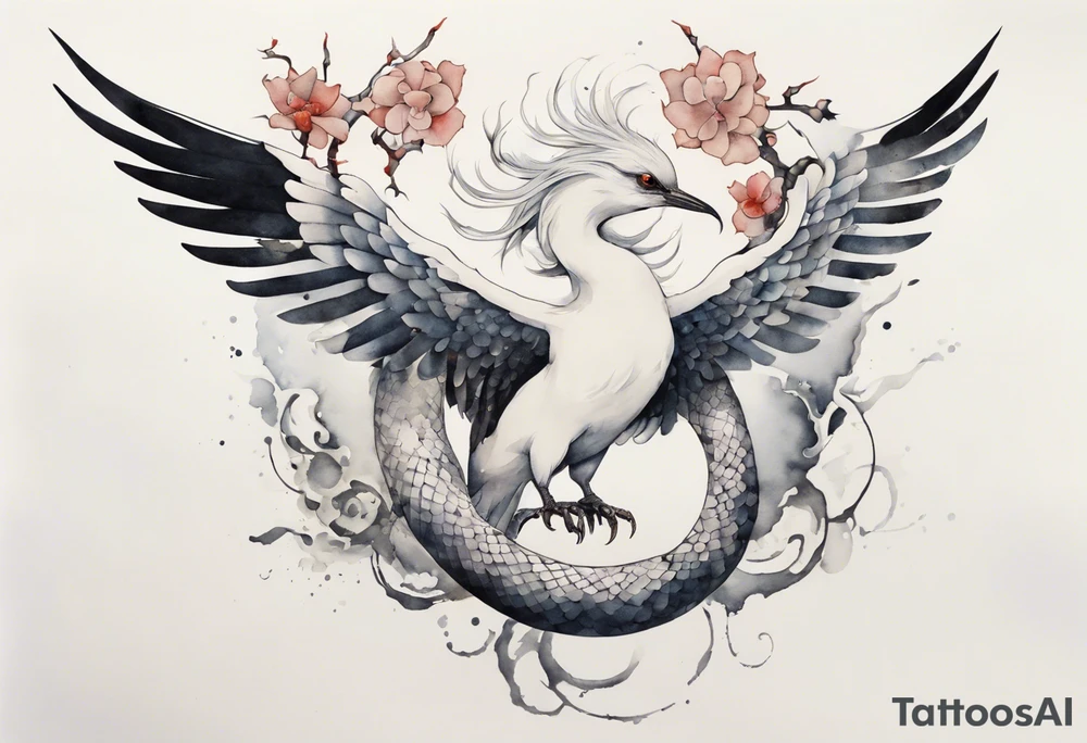 a watercolor of a white bird-serpent hybrid wearing an iron crown, flying tattoo idea