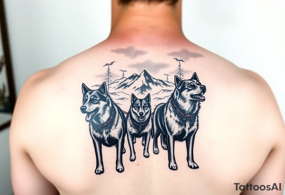Sled dogs with northern lights and mountains tattoo idea