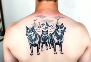 Sled dogs with northern lights and mountains tattoo idea