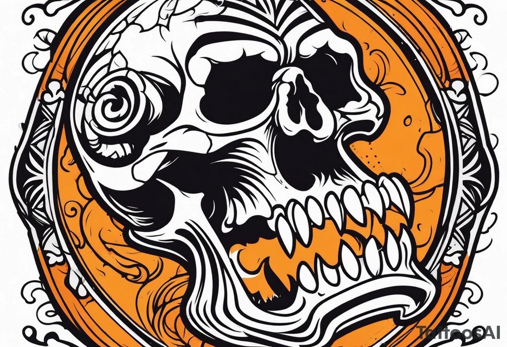 skull laughing black and orange tattoo idea