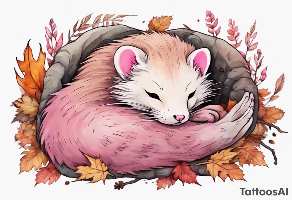 a mink with pink fur and pink ears sleeping in the autumn forest with a pile of bones tattoo idea