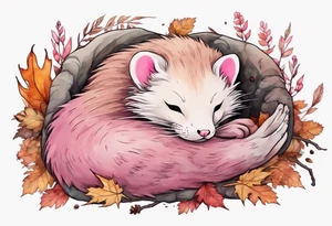 a mink with pink fur and pink ears sleeping in the autumn forest with a pile of bones tattoo idea