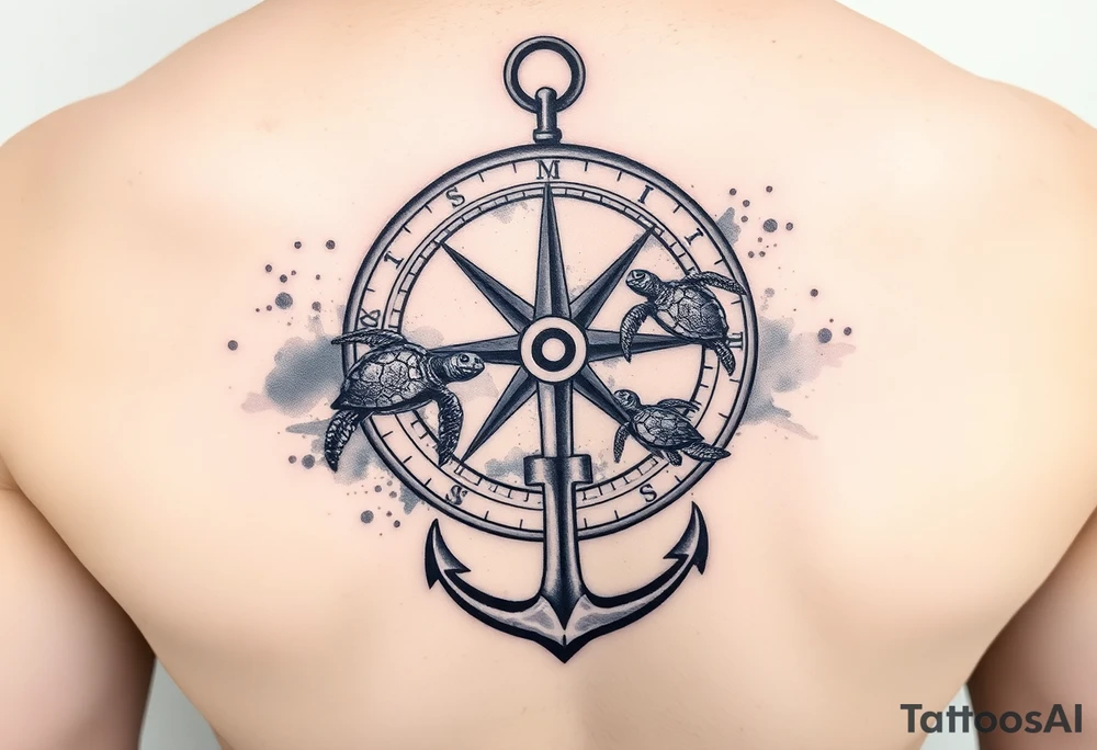 Broken compass with an anchor at the bottom
5 sea turtles swimming through it
Watercolor background tattoo idea