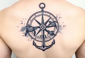 Broken compass with an anchor at the bottom
5 sea turtles swimming through it
Watercolor background tattoo idea
