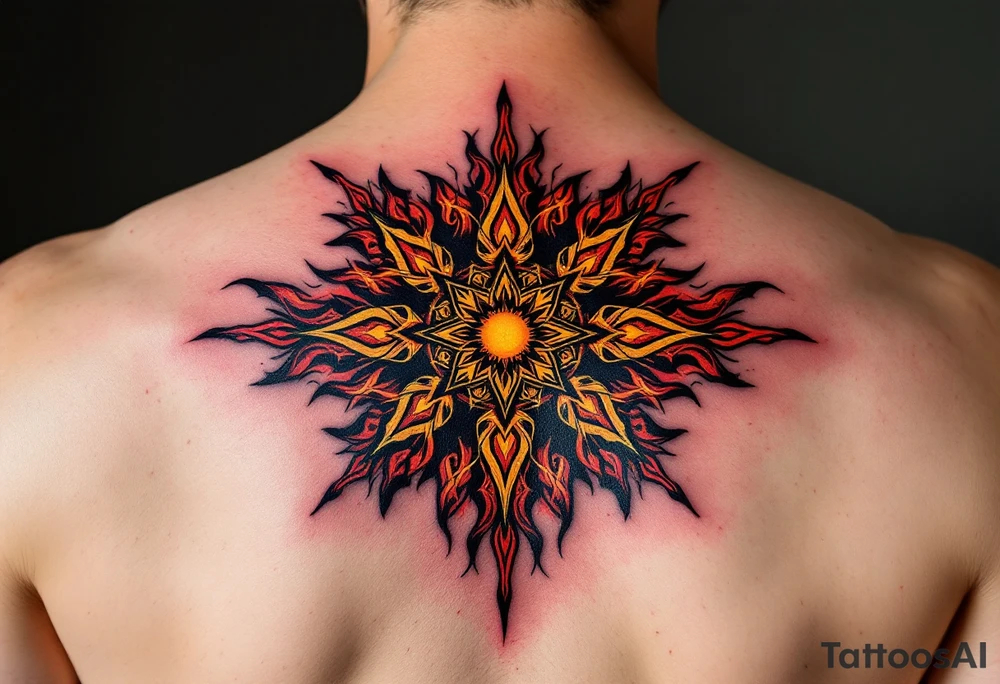 This fiery tattoo bursts with maroon, black, and ochre, its Celtic sun pattern burning like a ritual flame. tattoo idea
