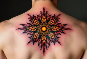 This fiery tattoo bursts with maroon, black, and ochre, its Celtic sun pattern burning like a ritual flame. tattoo idea