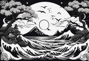 daytime yin with sun and ocean waves imagery in style of Hokusai with night time yin with moon and trees and mountains tattoo idea