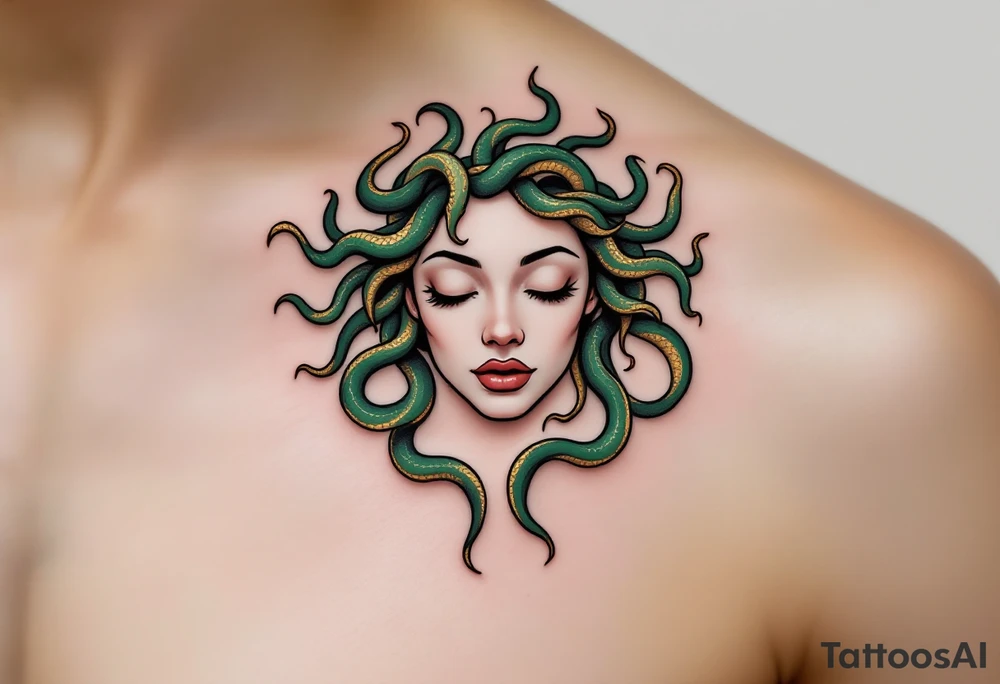 A minimalist Medusa with serpentine hair, where each snake is subtly represented by thin, flowing lines, creating a soft, almost abstract look. Her eyes are closed, evoking a calm yet mysterious expression. The snakes are shaded with shades of green, ranging from emerald to olive, with delicate touches of gold along their scales to give a mystical glow. tattoo idea