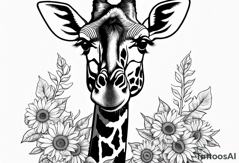 giraffe front view with sunflower and leafs tattoo idea