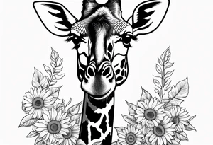 giraffe front view with sunflower and leafs tattoo idea