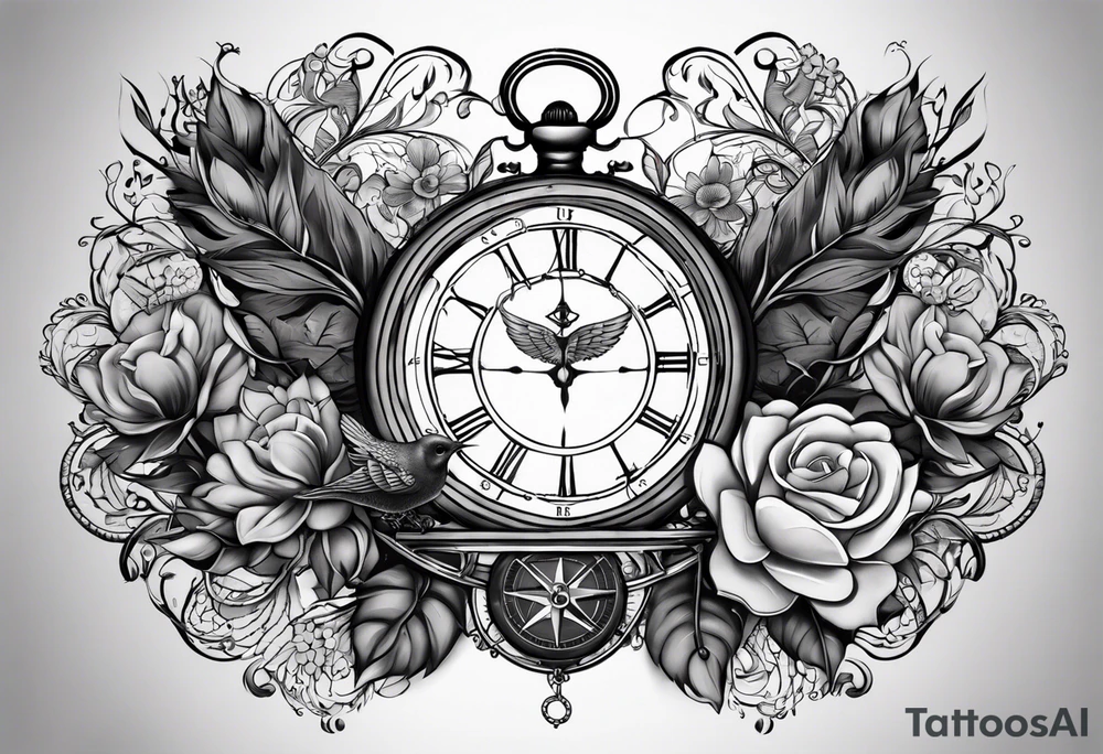 black and grey composition of three elements, 1), combination old school pocket watch and nautical compass in pieces, 2) a tree of life and 3) a doctor bird, connected together by lignum vitae flowers, on the arm 3/4 sleeve black and grey tattoo idea