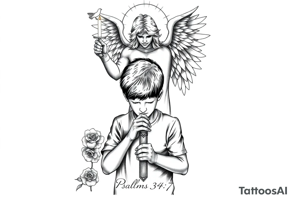 A boy praying in front of a candle casting a shadow in behind him. A guardian angel stands behind him holding a sword pointing into the ground, above the angel are barely visable demons, below everything is the bible verse Psalms 34:7. A rose and dove should be incorporated as well as gothic and fine line tattoo work. tattoo idea