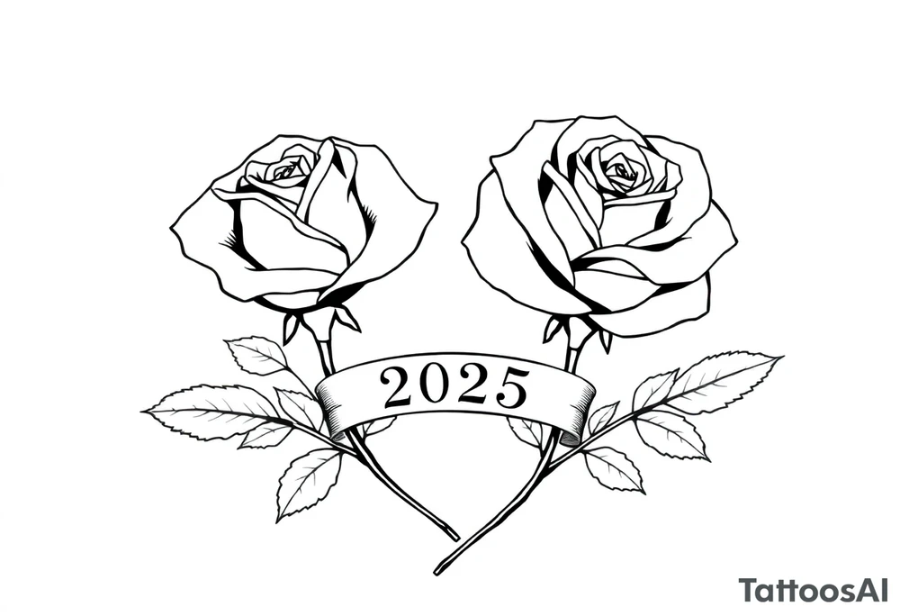 two beautiful large rose buds, one larger than the other, with many leaves next to the rose buds, with one sitting higher than the other. Include a banner connecting the two roses with the year 2025 on it.   Use dark outlines with little shading. The two stems should be short, not long, and connect and join into one stem, whimsically curved or twisted - not straight down. tattoo idea