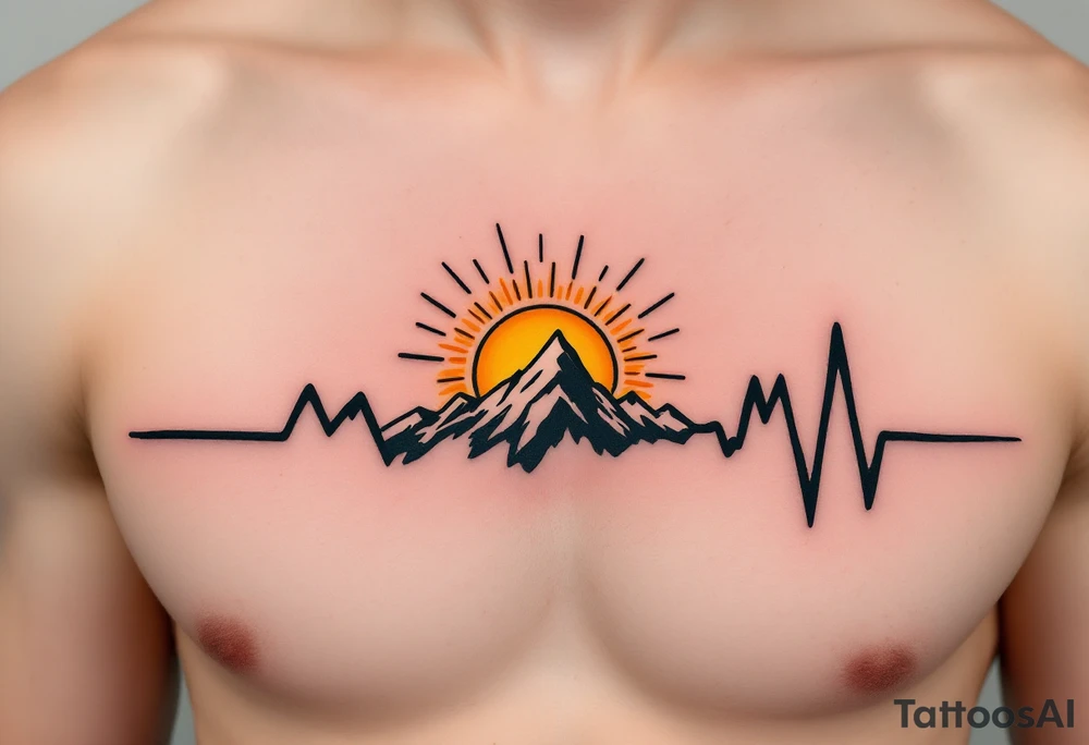 A bold black EKG line running through the ribcage with a bright yellow sun rising from its peak. tattoo idea