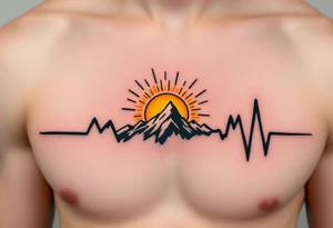 A bold black EKG line running through the ribcage with a bright yellow sun rising from its peak. tattoo idea