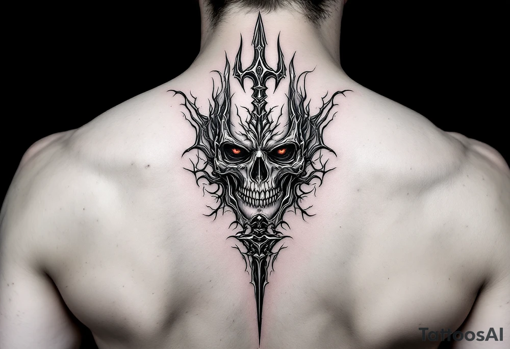 skeleton face behind trident tattoo idea