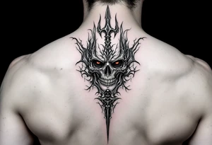 skeleton face behind trident tattoo idea