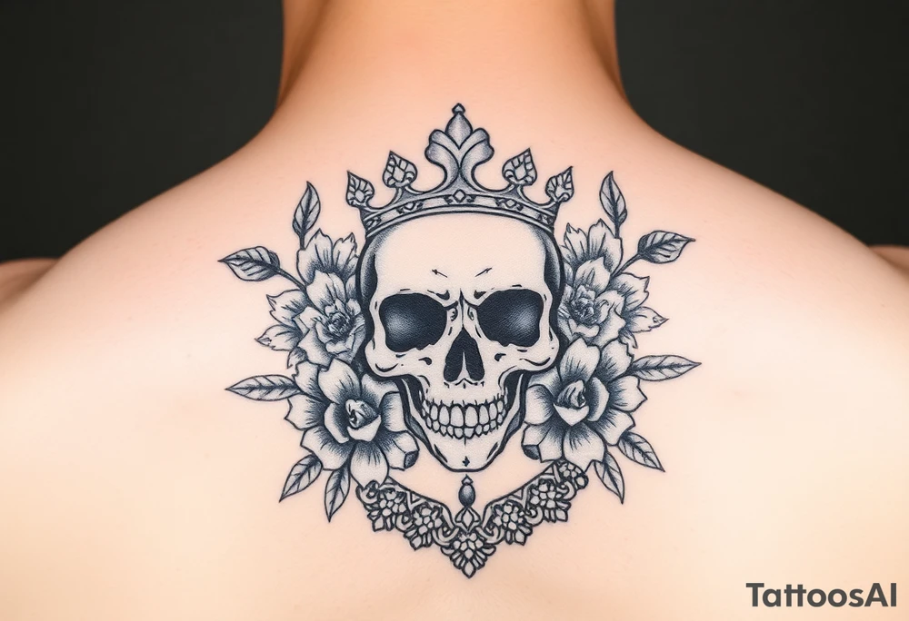 Beautiful elegant skull with crown surrounded by flowers with lace underneath tattoo idea