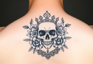 Beautiful elegant skull with crown surrounded by flowers with lace underneath tattoo idea