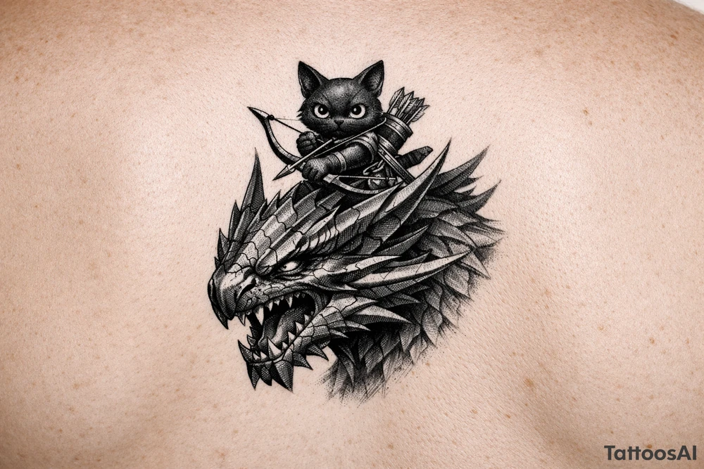 A vertical fantasy tattoo illustration of a cute black Palico feline cat riding on the back of a sleek Nargacuga wyvern dragon. The dragon must have smooth, sleek, interlocking metallic reptilian scales with an aerodynamic texture, zero fur, and zero feathers. The camera is a close-up vertical portrait showing the full cat on top holding a hunter's bow and arrow, and the dragon's snarling head and shoulders directly below it. Color palette: The dragon is colored in a rich mix of dark steel blue and deep teal gradients, with a sharp, glowing neon-red streak trailing backwards from its eye. The cat is matte black with large glowing yellow eyes. Crisp clean outlines, solid white background, stencil ready, high fantasy digital concept art. tattoo idea