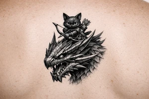 A vertical fantasy tattoo illustration of a cute black Palico feline cat riding on the back of a sleek Nargacuga wyvern dragon. The dragon must have smooth, sleek, interlocking metallic reptilian scales with an aerodynamic texture, zero fur, and zero feathers. The camera is a close-up vertical portrait showing the full cat on top holding a hunter's bow and arrow, and the dragon's snarling head and shoulders directly below it. Color palette: The dragon is colored in a rich mix of dark steel blue and deep teal gradients, with a sharp, glowing neon-red streak trailing backwards from its eye. The cat is matte black with large glowing yellow eyes. Crisp clean outlines, solid white background, stencil ready, high fantasy digital concept art. tattoo idea