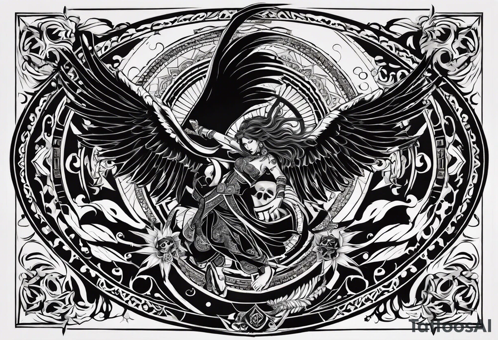 black kali, goddess pirate, alien, angel, pachamama, valkrye, warrior, flying, skull, lotus azul, wing, eagle, zenza resonance, stars, 5D, anahata chakra, death, durga, riding on a tiger, flying lady tattoo idea