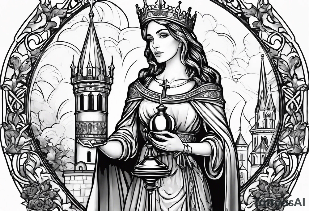 Saint Barbara holding a chalice with a tower beside her tattoo idea