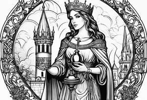 Saint Barbara holding a chalice with a tower beside her tattoo idea
