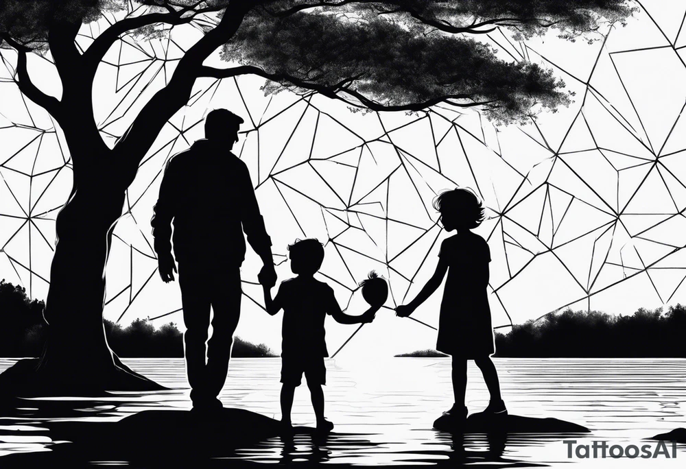 Silhouette of father standing in between daughter and younger son in front of water with tree and shading background tattoo idea