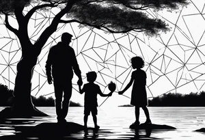 Silhouette of father standing in between daughter and younger son in front of water with tree and shading background tattoo idea