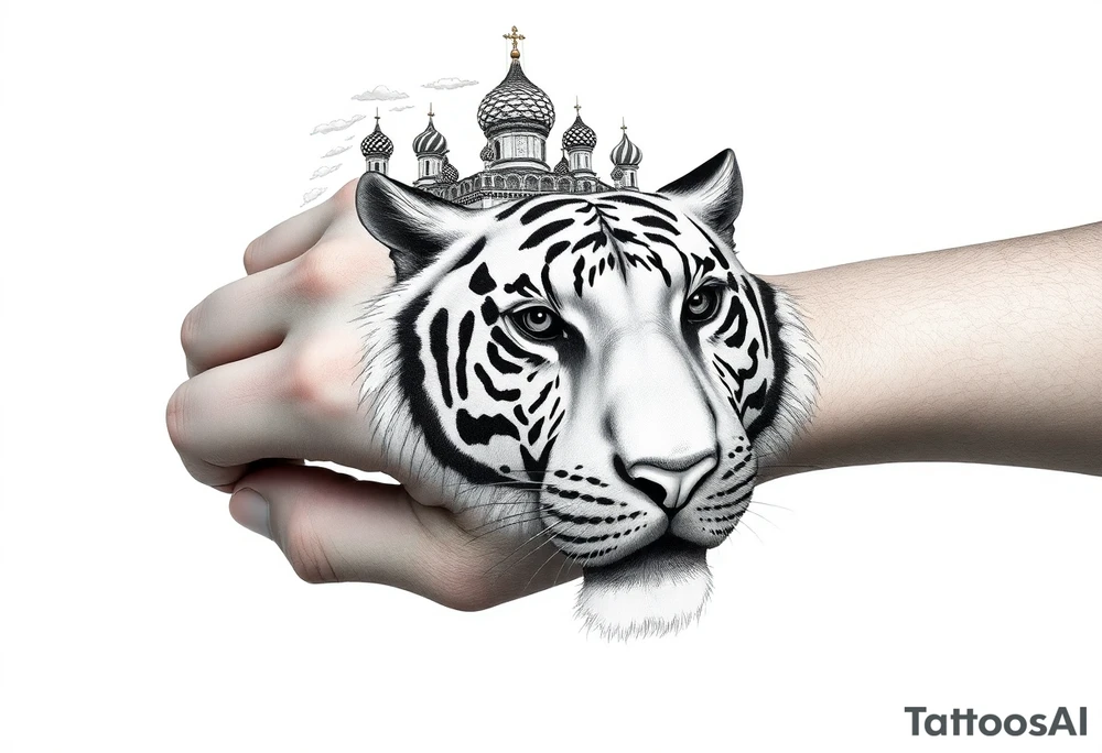 Realistic white tiger face on the back of the hand with strong contrast and fine detail with its eyes completely black. with a highly detailed Russian Orthodox cathedral sitting above on fore arm with onion domes and orthodox crosses, done in fine line, engraving-like style. Cohesive composition, black ink only, no color, high contrast, slightly aged, documentary-style, plain light background. with clouds above and a virgin mary 
spanning from my hand to lower fore arm tattoo idea