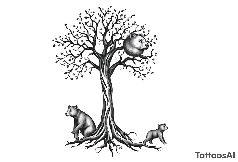 Tree of life and mama bear and one cub tattoo idea