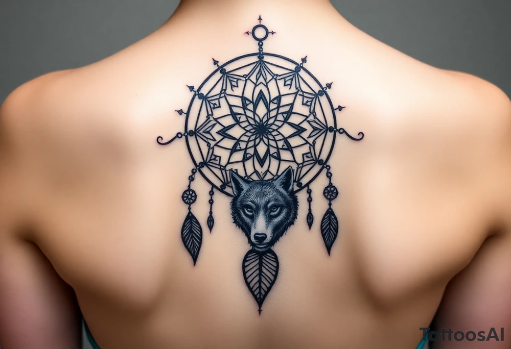 Dreamcatcher with zodiac symbols and protection runes caught in it with wolf teal tattoo idea