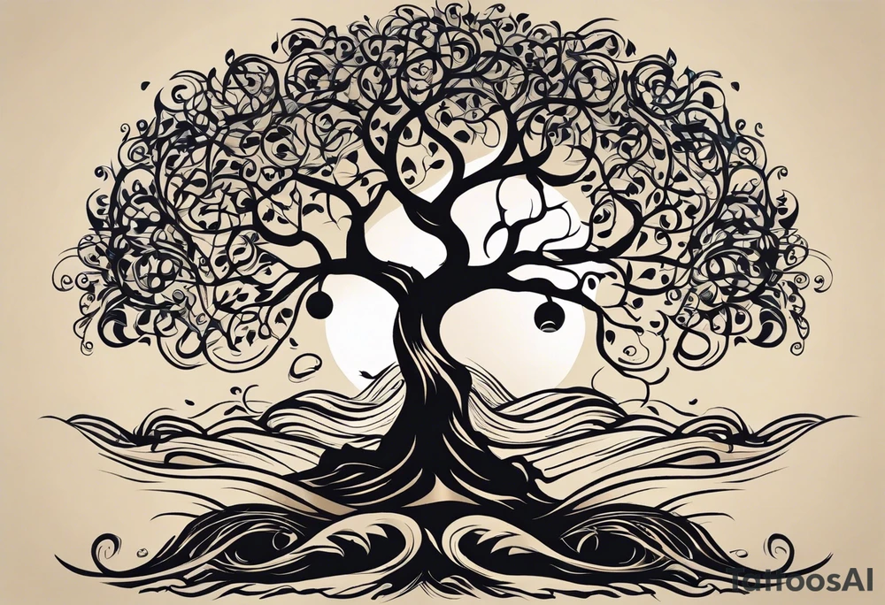 A tattoo design that incorporates the following elements: an abstract tree of life that has roots emerging  from the ground. Waves of water encapsulate the tree and wind around it in an organic way.  Incorporate music.   the letters U and A are overlapping and engraved into the tree. a golf ball incorporated but not prominent. tattoo idea