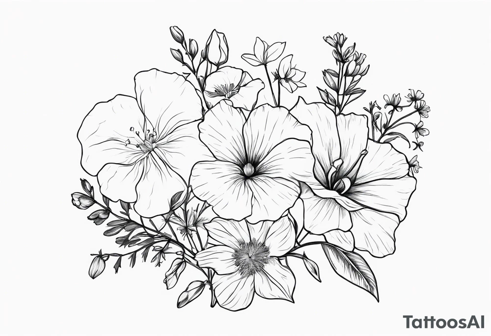 a flower bouquet including sweet pea, larkspur, morning glory and cosmos tattoo idea