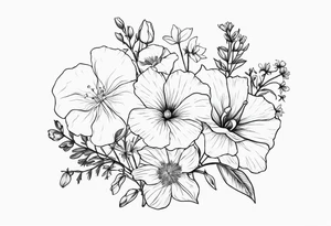 a flower bouquet including sweet pea, larkspur, morning glory and cosmos tattoo idea