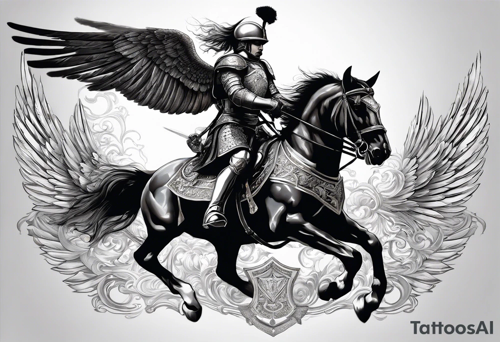 **Main Theme**: A Hussar on horseback in full armor, dynamically portrayed in the middle of a charge. The Hussar's wings are clearly visible, adding dynamics to the composition.
   - Archangel Michael positioned in the background, with a raised sword ready for battle, armed with a shield.
   - The Hussar is holding a banner showcasing the White Eagle.
   - Elements of the Arch tattoo idea