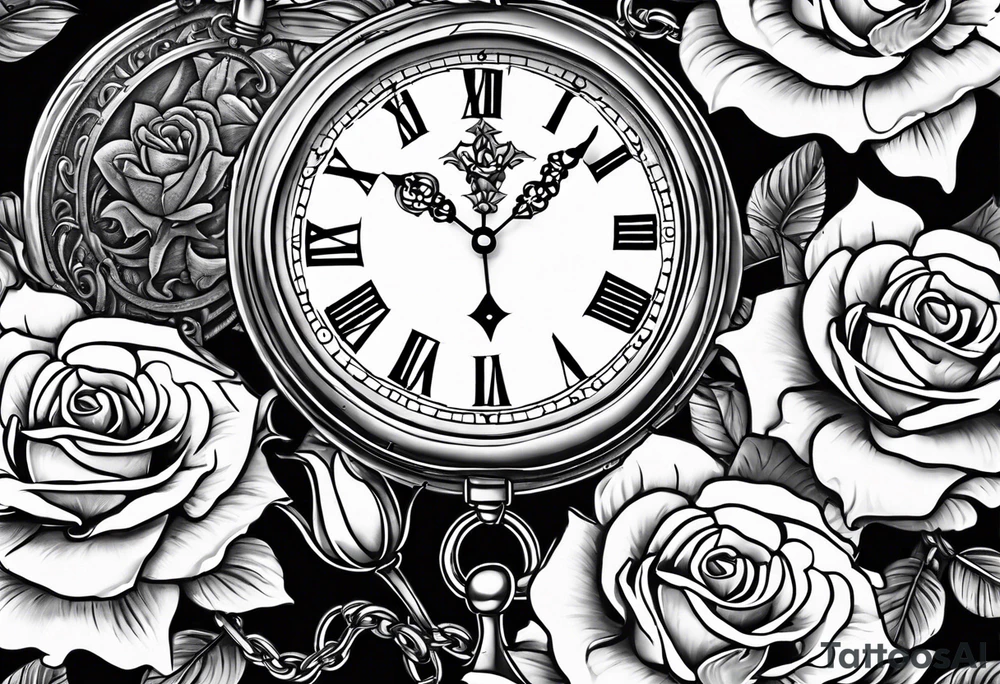 Two pocket watches linked together by a chain spelling "Lyv". Roses and lilies in the background tattoo idea