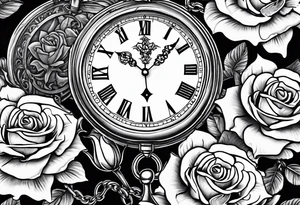 Two pocket watches linked together by a chain spelling "Lyv". Roses and lilies in the background tattoo idea