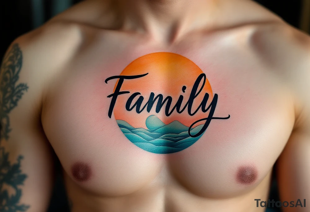 Family in soft black script, placed over a sun and moon design shaded in warm orange and cool teal. tattoo idea