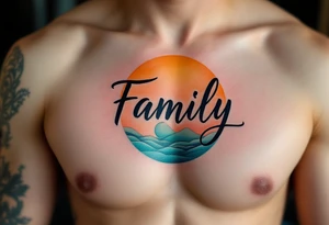 Family in soft black script, placed over a sun and moon design shaded in warm orange and cool teal. tattoo idea