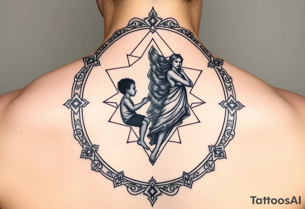 Ornate mirror reflecting dual image, left side shows small child silhouette dissolving into geometric patterns that reform as strong adult figure on right side, continuous transformation flow between them, sacred geometry frame, no cracks or breaks, flowing transition showing evolution not separation, black and grey, upper arm tattoo tattoo idea