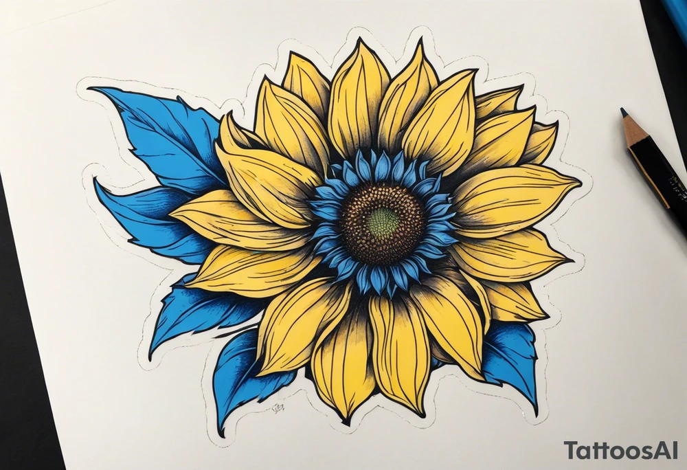 a yellow sunflower bloom with blue highlights tattoo idea